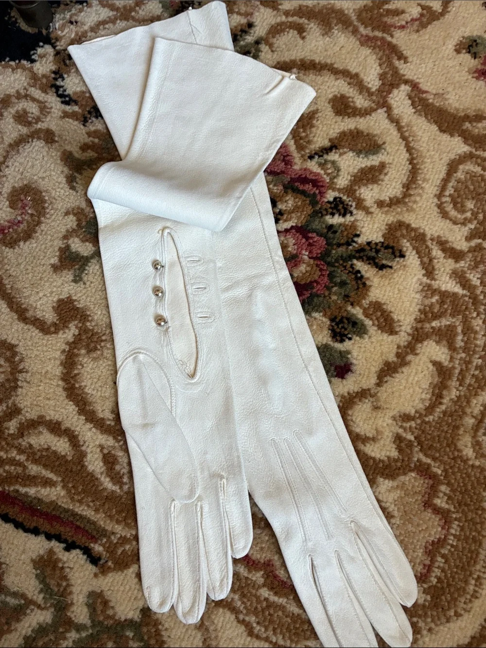 Vintage White Kid Leather Long Gloves with Button Detail